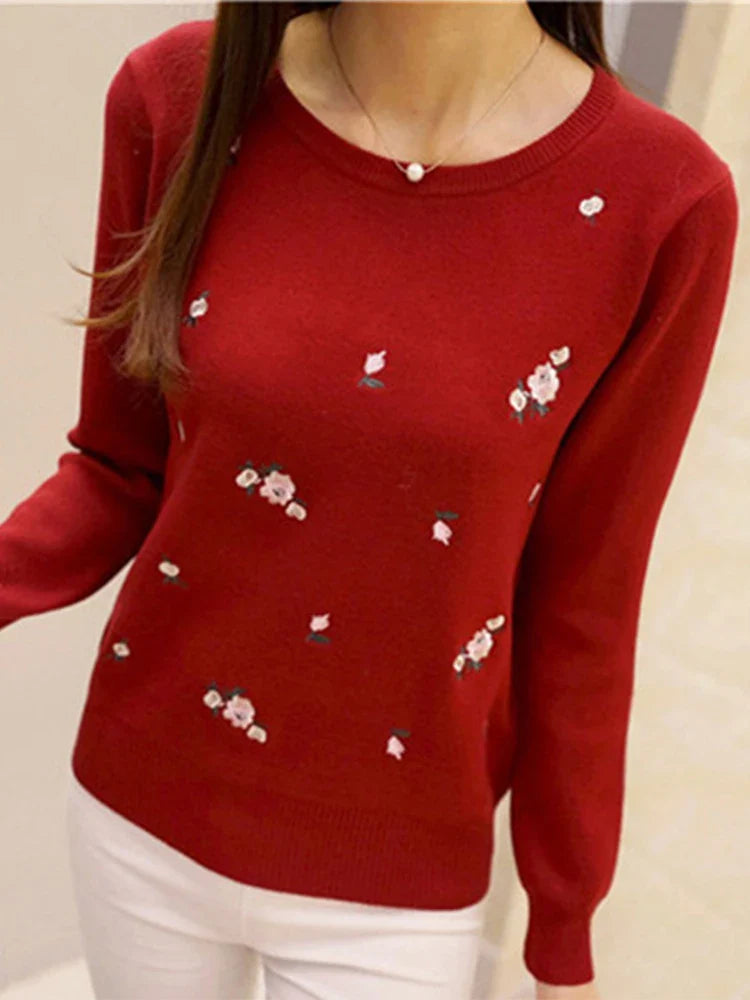 Women Floral Embroidered Knit Sweater Long Sleeve Pullover - Image 17