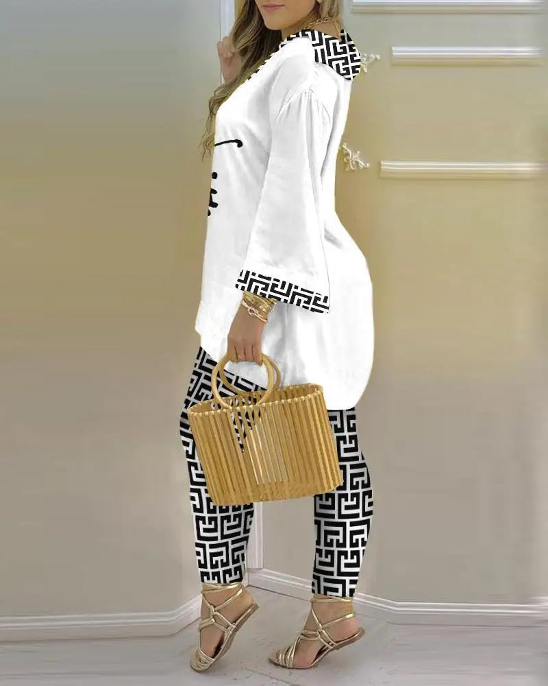 Women Printed V-Neck Long Sleeve Top and Pant Two Piece Set - Image 26