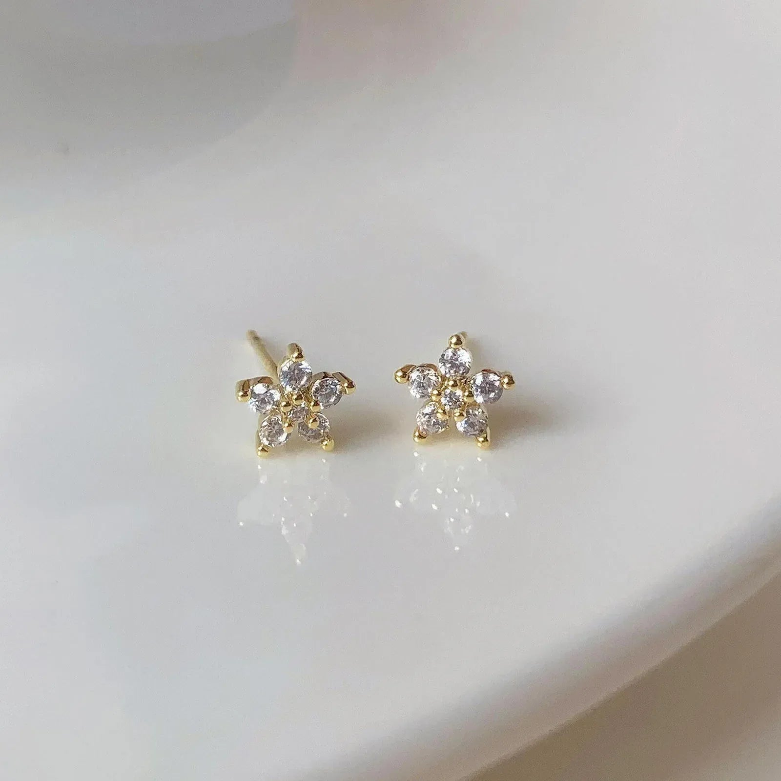 Pentagram Small Flower Zircon Stud Earrings S925 Sterling Silver Elegant Popular Female Accessories Gifts Party All Occasion