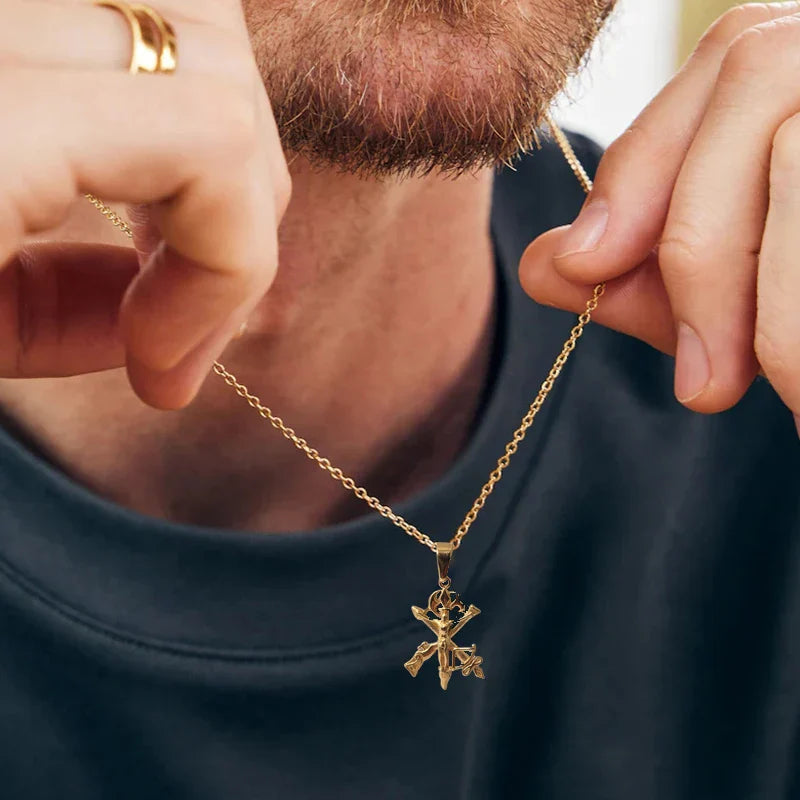Trendy Jesus Cross Necklace - 18K Gold Plated Stainless Steel, Gun & Arrow Design for Men, Waterproof Religious Jewelry Gift