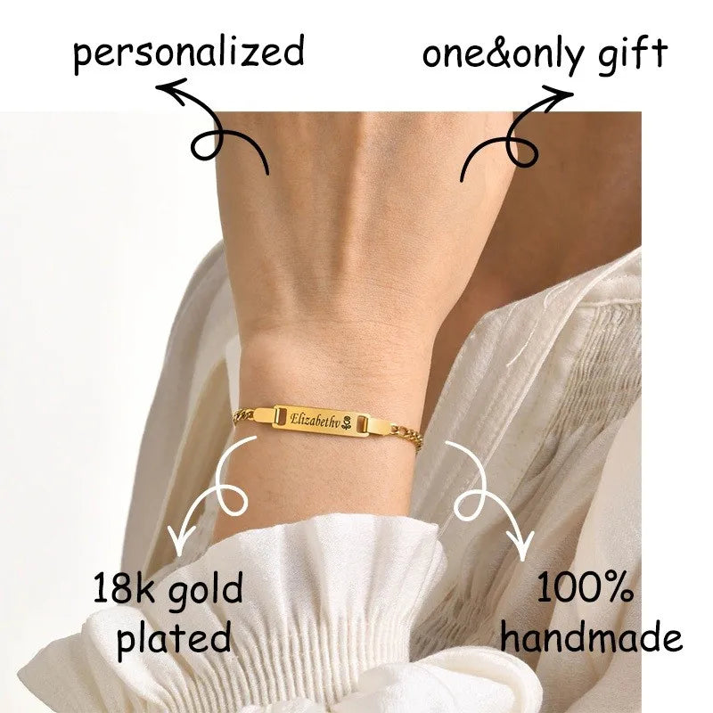 Customized Name & Text Gold Plated Stainless Steel Link Bracelet Fashion Personalized Custom Jewelry Men Women