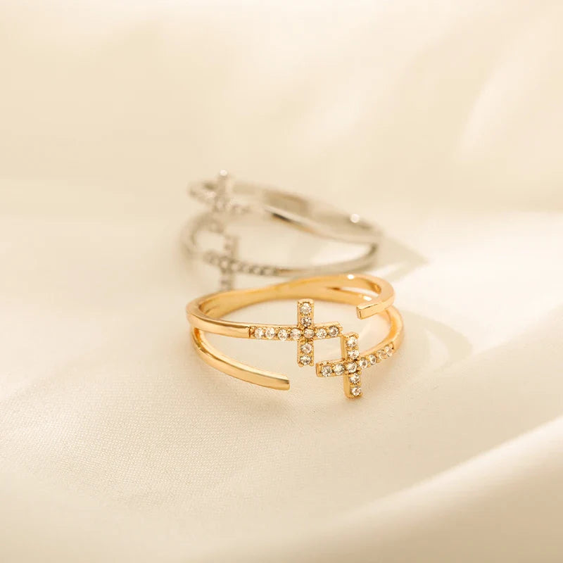 Zircon Double Cross Rings For Woman Stainless Steel Gold Color Shiny Opening Ring New Luxury Fashion Wedding Jewelry Gift Bague