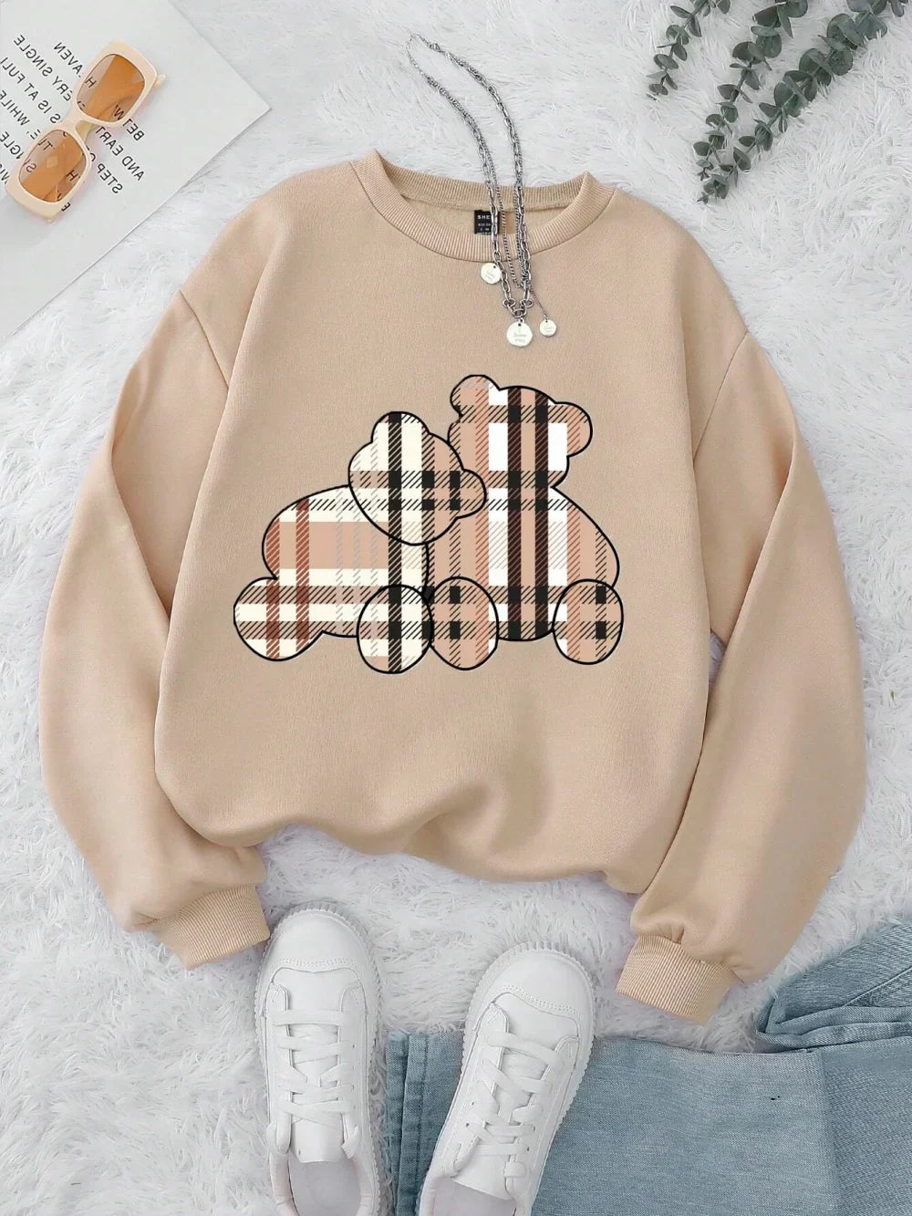 Women Beige Teddy Bear Print Crewneck Pullover Sweatshirt - Image 5