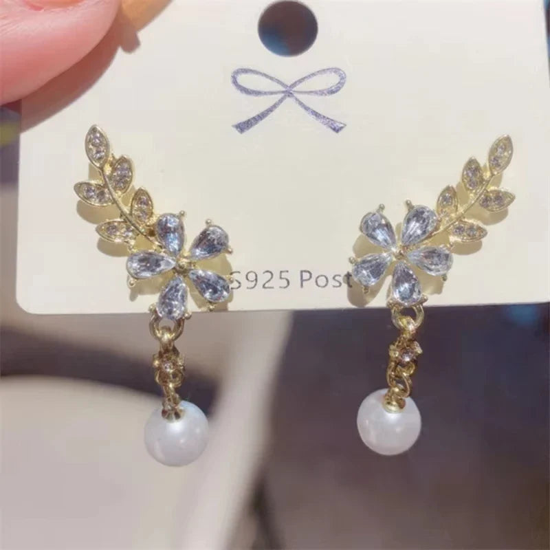Exquisite Leaves Crystal Flower Stud Earrings For Women AAA Zircon Rose Butterfly Tassel Earring Bride Wedding Party Jewelry