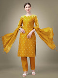 Women wearing a yellow cotton blend straight kurta with embroidery and sequence work, paired with trousers and dupatta.