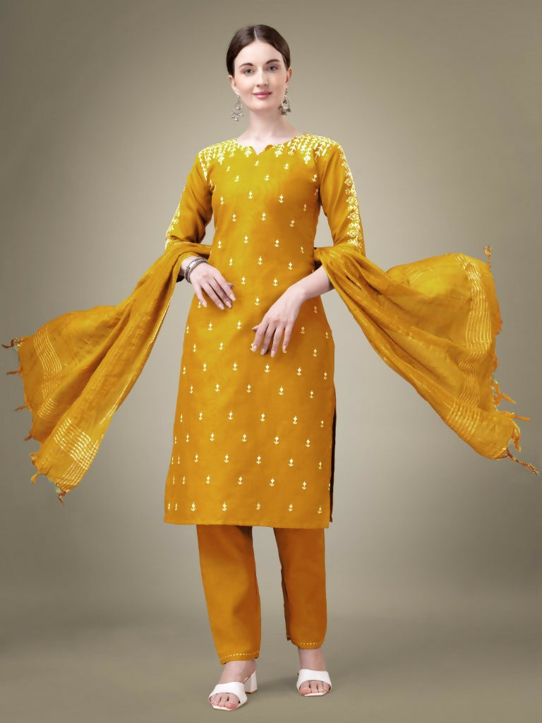 Women wearing a yellow cotton blend straight kurta with embroidery and sequence work, paired with trousers and dupatta.