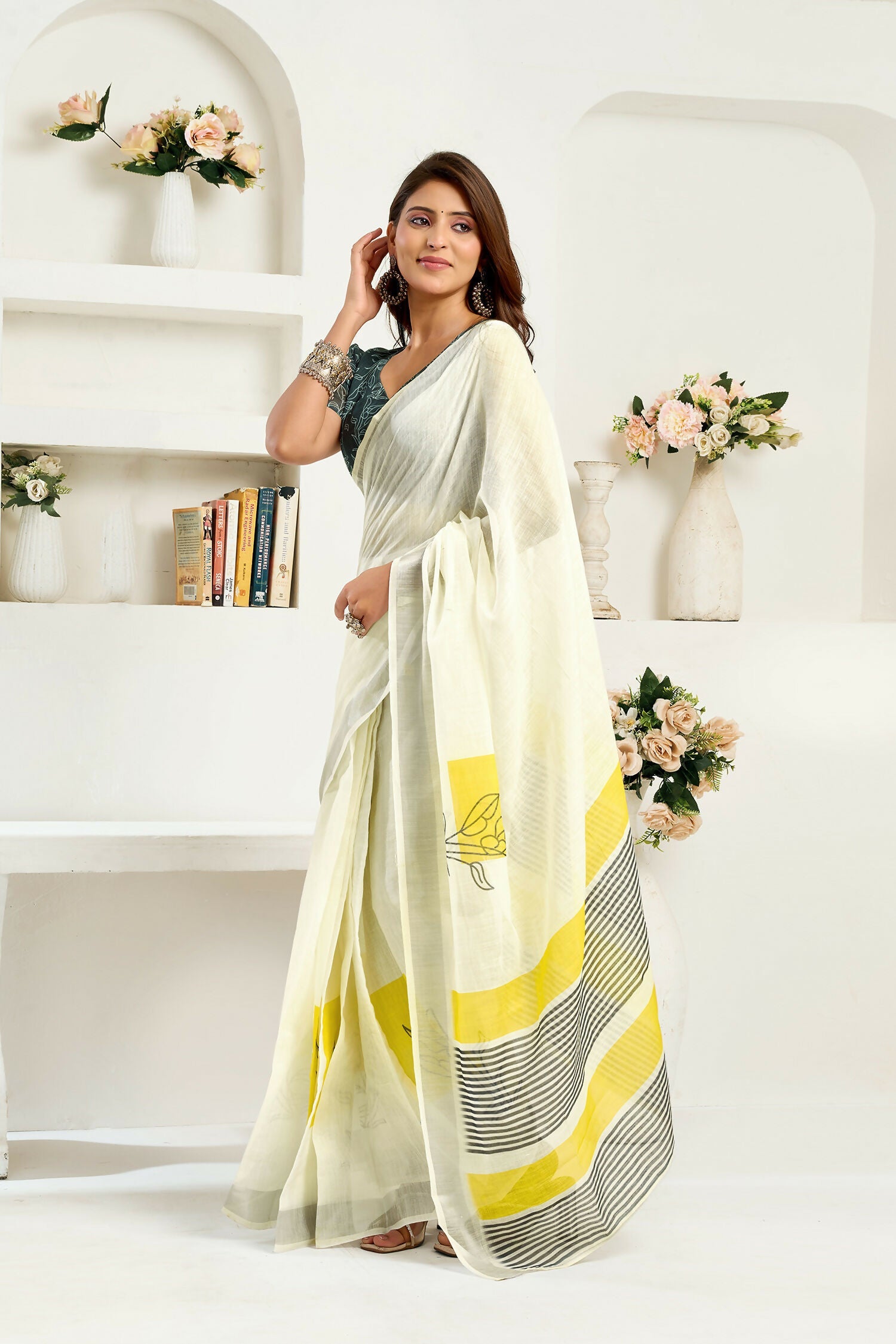 Off-White Striped Linen Ready To Wear Saree with Contrast Blouse