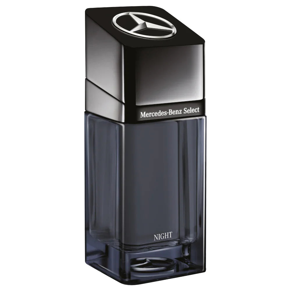 Mercedes-Benz Select Night Eau de Parfum 3.4 fl oz glass bottle in black and navy