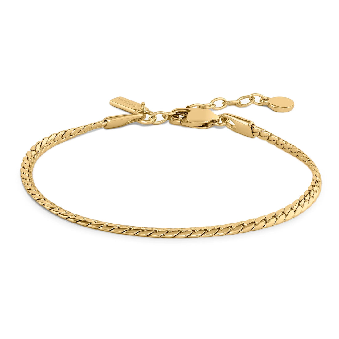 The Serpentine Bracelet in gold tone featuring a sleek, flat braided chain design.