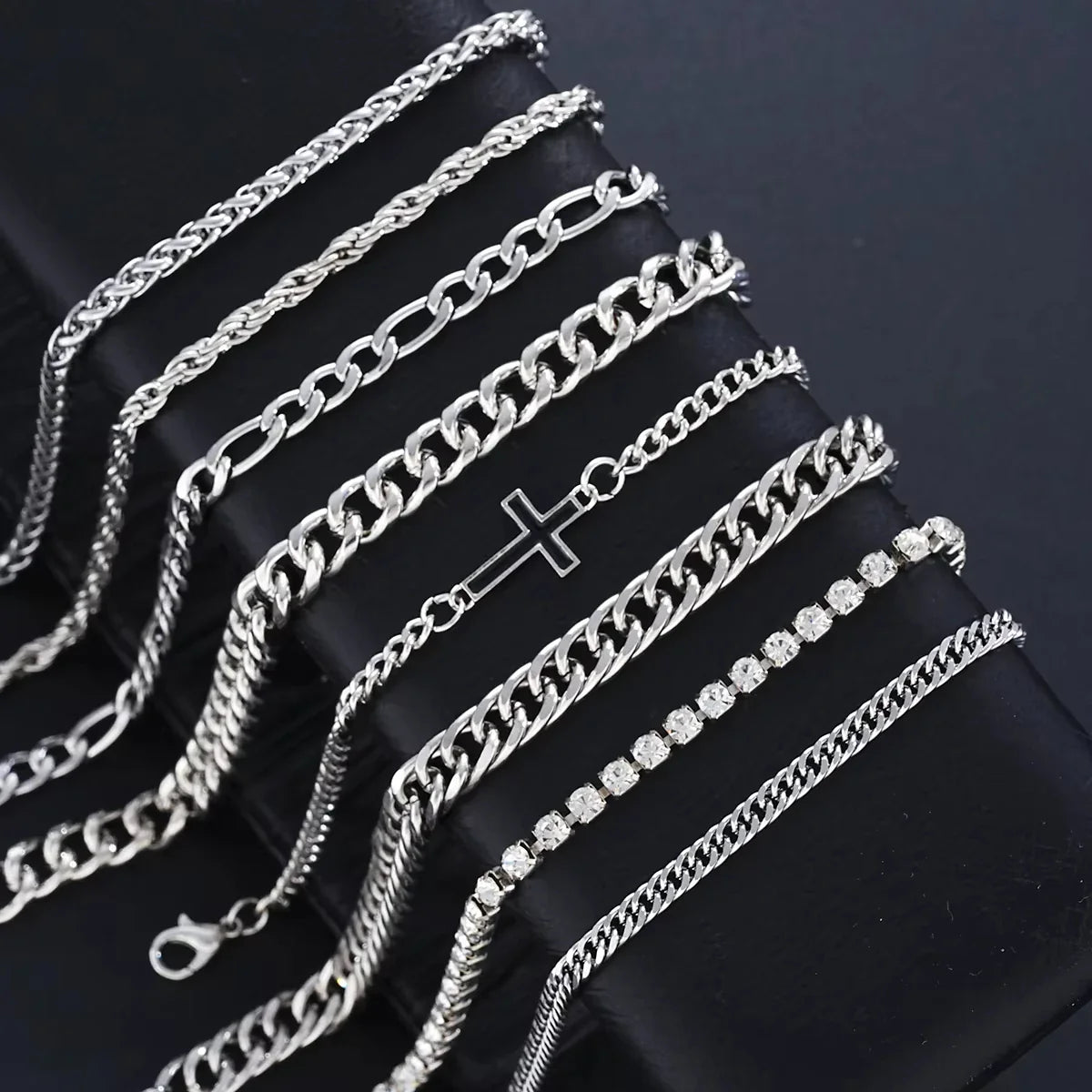 8Pcs Stainless Steel Cross Cuban Bracelets For Men Women Punk Silver Color Crystal Twist Chain Bracelet Daily Wear Fashion
