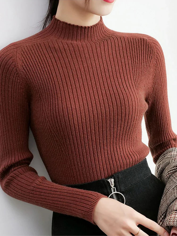 Women's Slim Fit Mock Neck Ribbed Long Sleeve Pullover Sweater - Image 30