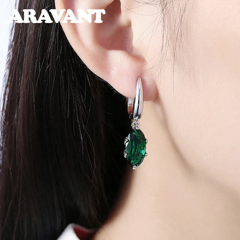 Aravant 925 Silver Oval Green Zircon Drop Earring For Women Fashion Wedding Jewelry