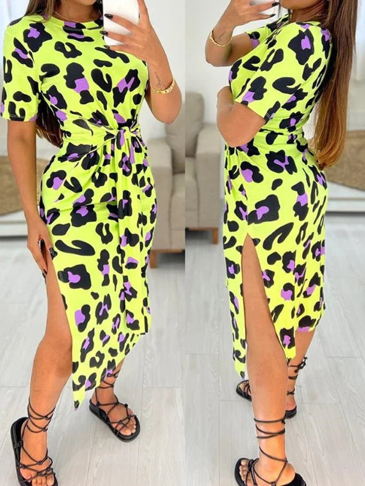 Women's Leopard Print Midi Dress with Side Slit and Tie Waist - Image 6