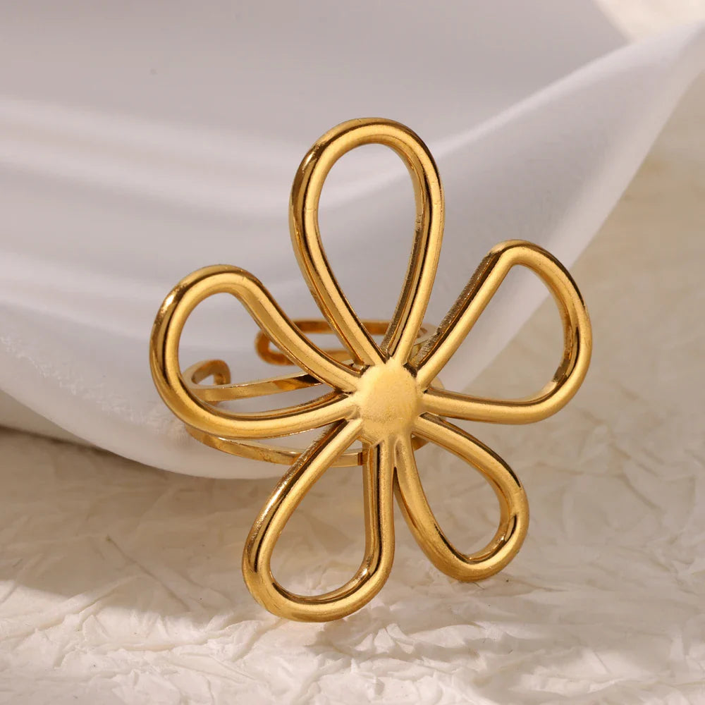 Stainless Steel Hollow Flower Open Rings for Women Trendy Aesthetic Wedding Couple Ring Femme Jewelry Accessories Gift anillos