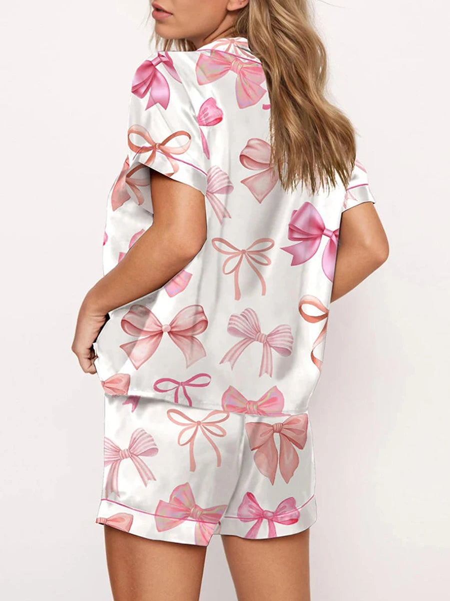 Y2k Pink Bow Silk Pajama Sets for Women