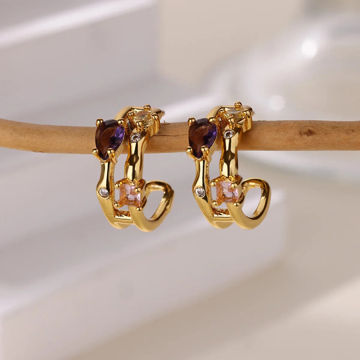 Zircon Geometric Hoop Earrings for Women Stainless Steel Gold Color Piercing Earring 2025 New Fashion Wedding Couple Jewelry