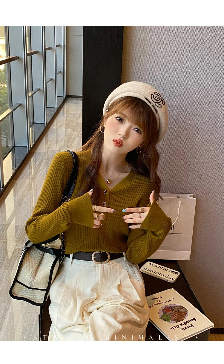 Women Beige Ribbed Button Down Long Sleeve Knitted Pullover Top - Image 28
