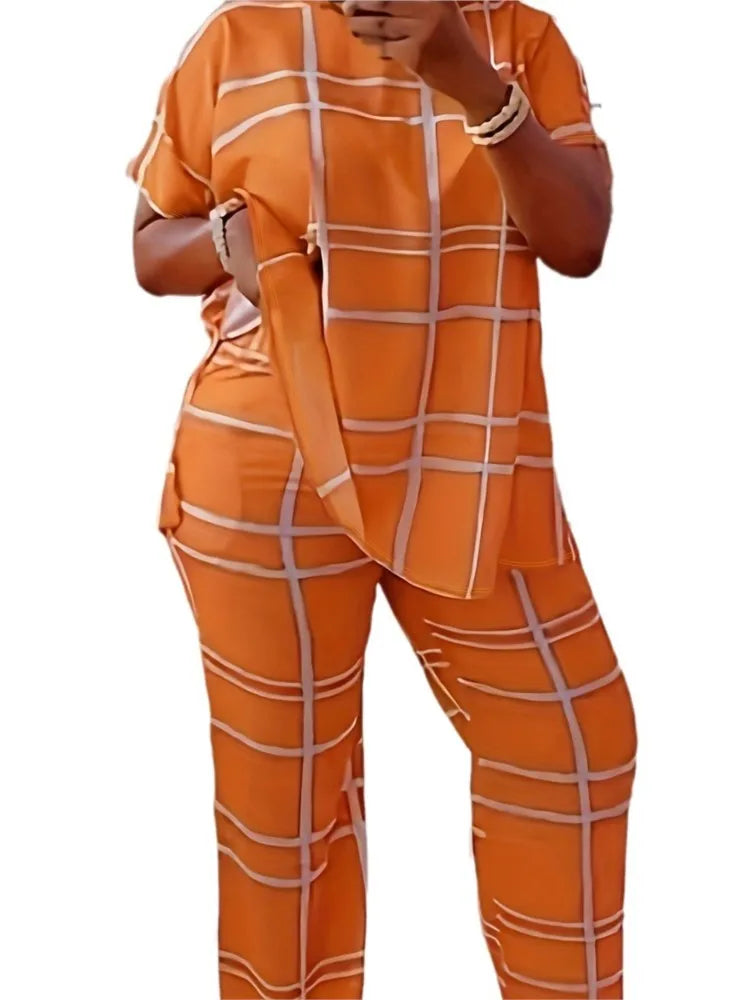 Women's Striped Grid Print Casual Two Piece Short Sleeve Set - Image 5