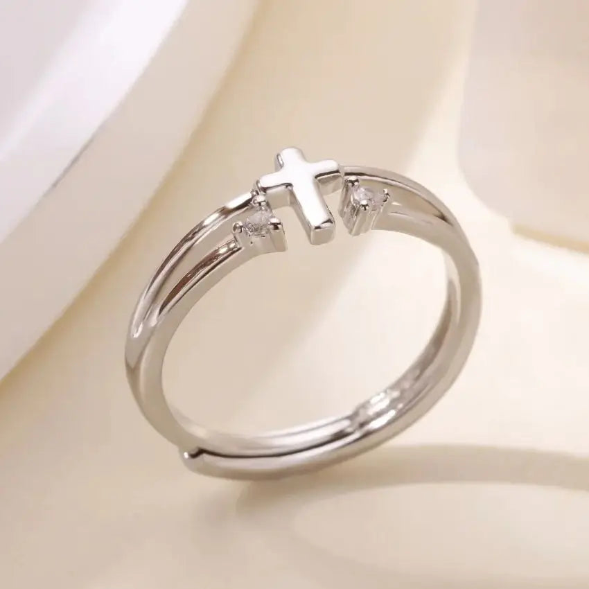 Zircon Cross Rings For Women Gold Color Stainless Steel Crystal Cross Adjustable Ring Religious Wedding Christmas Jewelry Gift