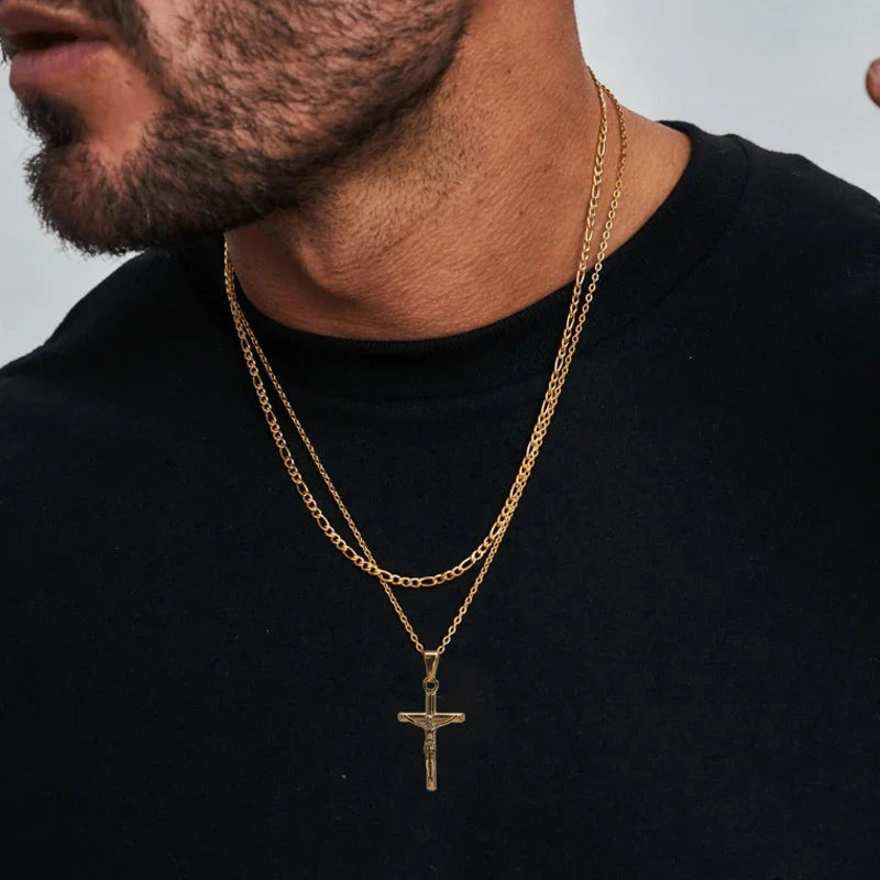 Jesus Cross 18k Gold Plated Stainless Steel Pendant Necklace For Men Unisex Religious Waterproof  Jewelry Accessories