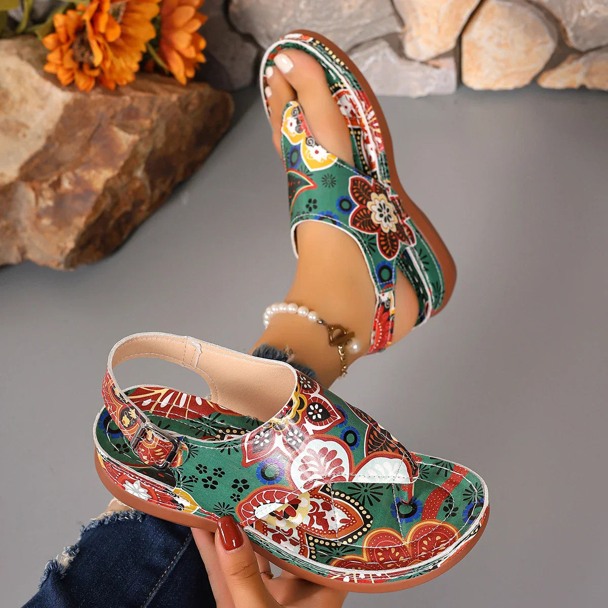 Women's Floral Wedge Sandals Comfortable Casual Outdoor Thong Shoes - Image 2