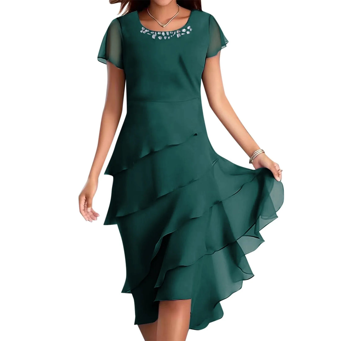 Women's Round Neck Chiffon Layered Midi Dress in Dusty Blue - Image 12