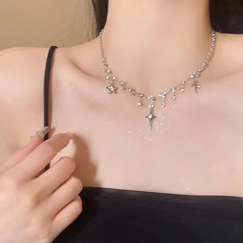 Kpop Star Pendent Necklace for Women Punk Simple Zircon Tassel Clavicle Chain Choker Elegent Party Gift Jewelry Girl