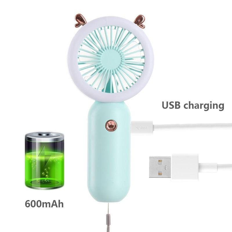 Portable Mini LED Desk Fan - Rechargeable USB Handheld Cooling Fan
