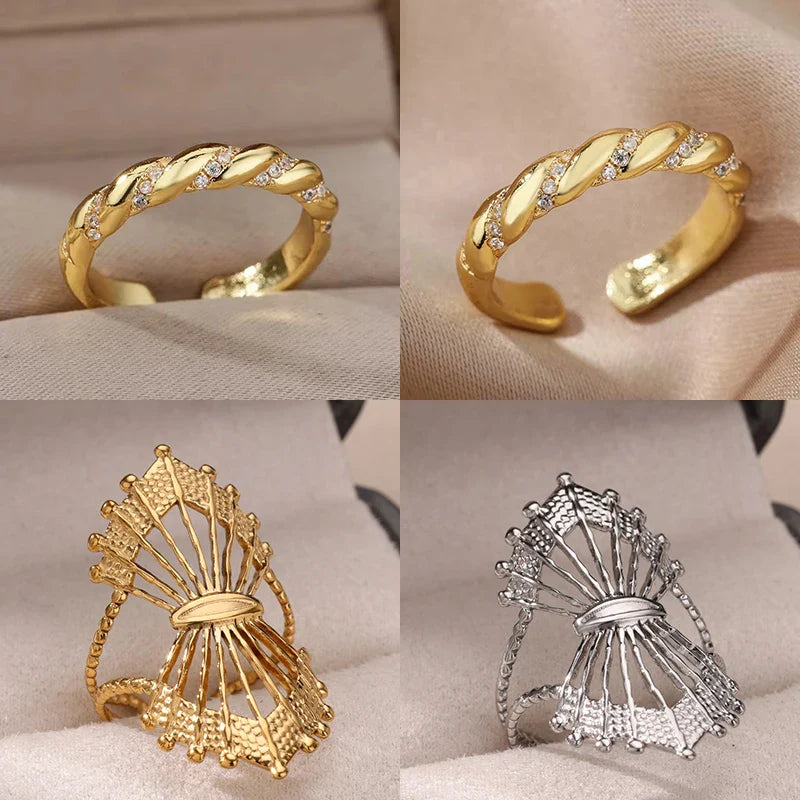 Zircon Twisted Rings For Women Punk Stainless Steel Gold Color Open Ring Geometric Finger Ring Hip Hop Charm Jewelry Gift