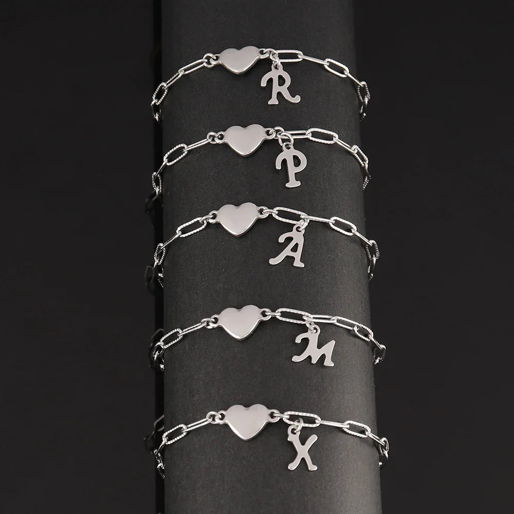 Stainless Steel 26 Letters English Initial Letter Heart Bracelet DIY Personalized Name Bracelets Women Anniversary Jewelry Gifts