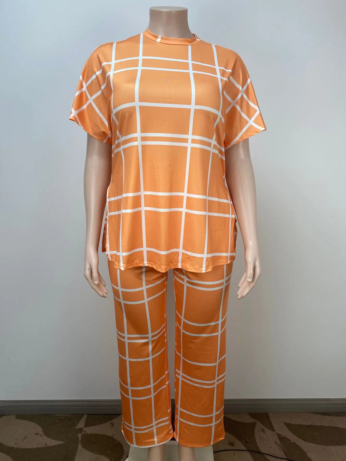Women's Striped Grid Print Casual Two Piece Short Sleeve Set - Image 18