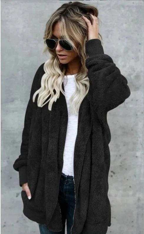 Double Fleece Plush Hooded Cardigan Jacket Women