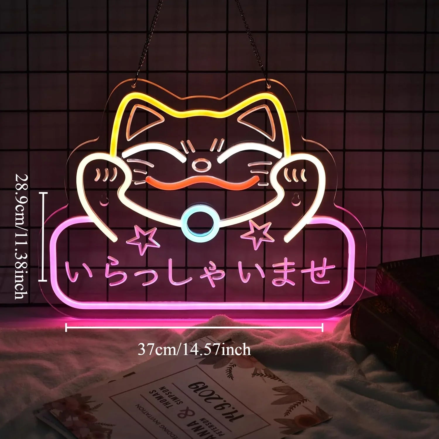 Neon Sign Maneki Neko Welcomes Fortune Cute Beckoning Cat with Welcome Sign for Restaurant Shop Home Bar Decor LED Night Light