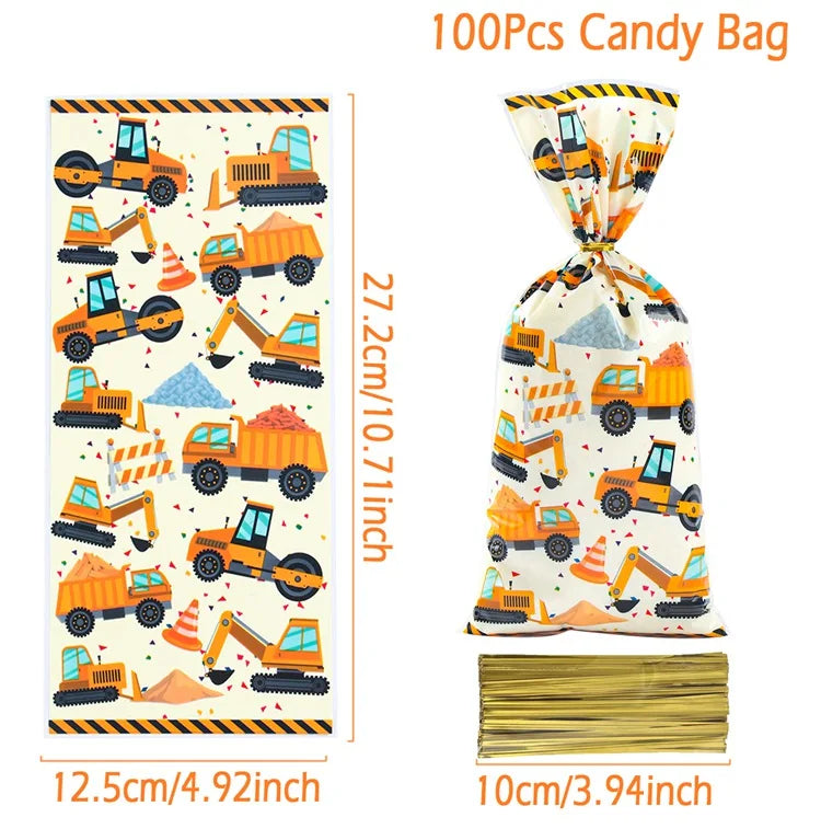 Construction Candy Bags Heat Sealable Treat Cookie Candy Goodie Bags Engineering Vehicle Birthday Party Supplies Baby Shower