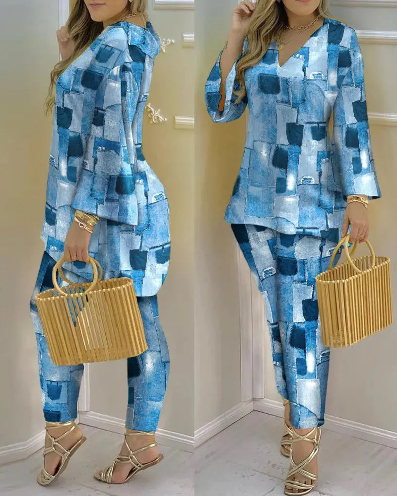 Women Printed V-Neck Long Sleeve Top and Pant Two Piece Set - Image 4