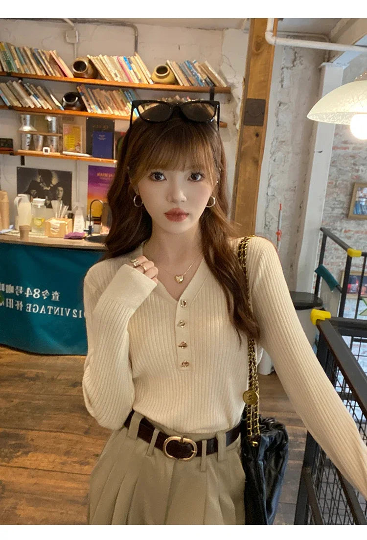 Women Beige Ribbed Button Down Long Sleeve Knitted Pullover Top - Image 15