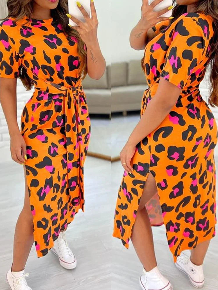 Women's Leopard Print Midi Dress with Side Slit and Tie Waist - Image 4
