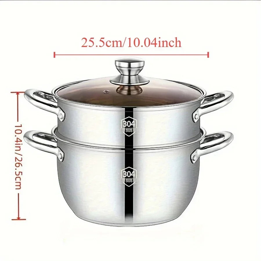SUS304 stainless steel double layer thickened household cage drawer steamed Mantou small steamer soup pot stew pot