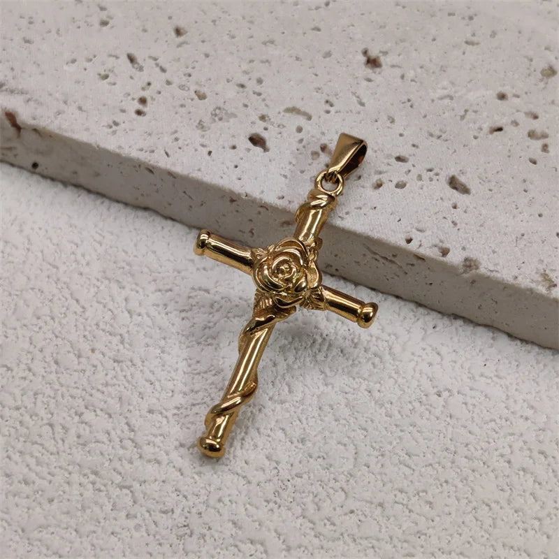 Waterproof Vintage 18k Gold Plated Stainless Steel Charm Rose Cross Pendant Necklace For Men Women Jewelry Gift