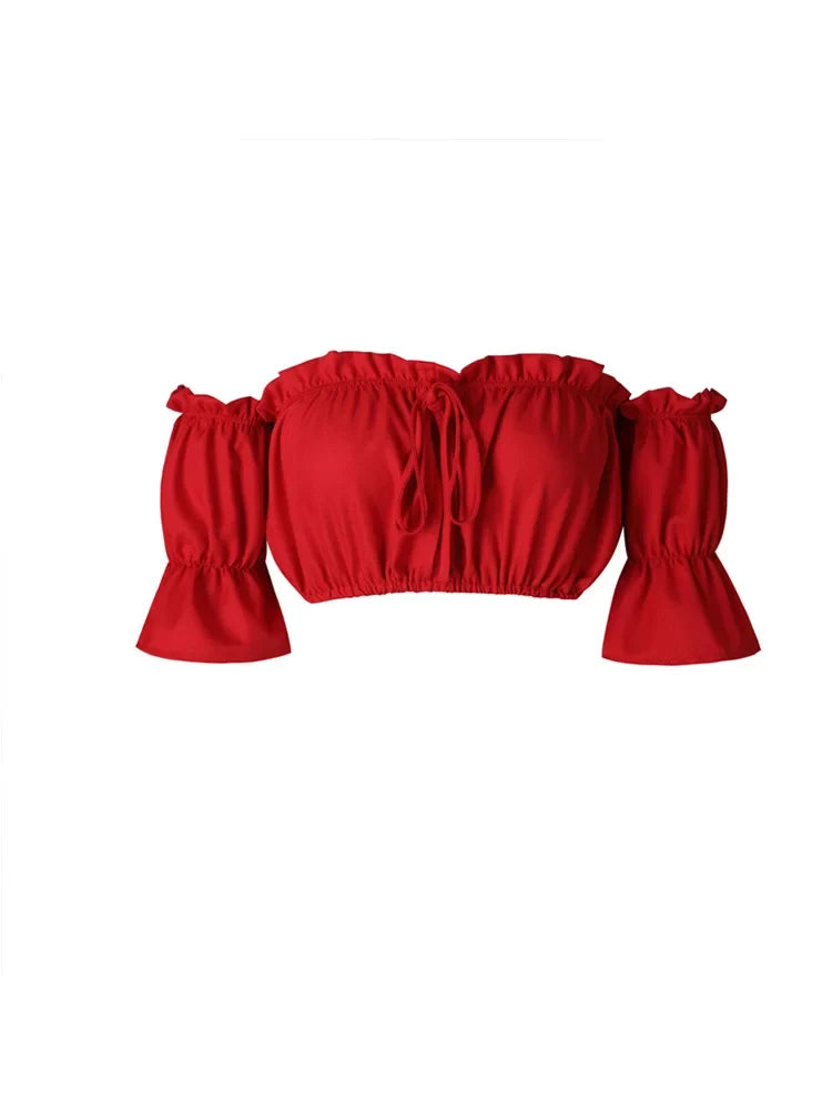Women's Ruched Crop Top, Strapless Lantern Sleeve Summer Beach Top