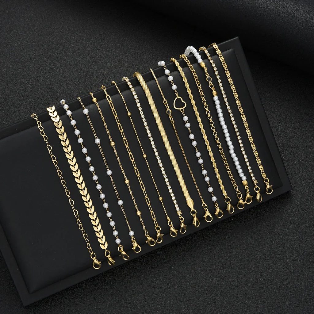 16pcs Minimalist Heart Pearl Rhinestone Snake Chain Bracelet Set for Women Elegant Gold Color Dates Vacations Daily Wear Jewelry