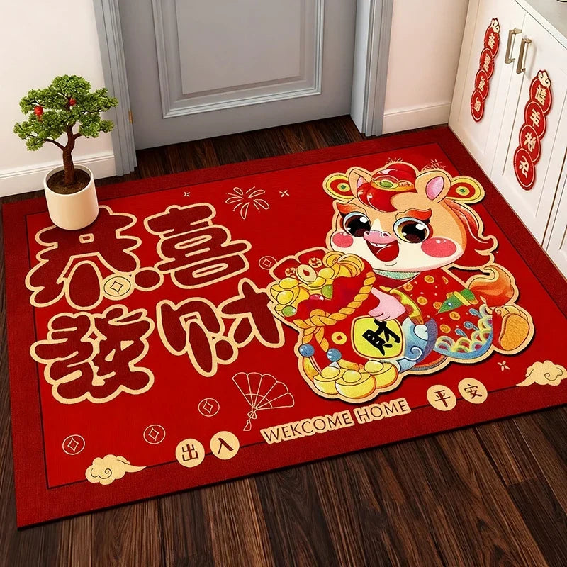 Chinese Lucky Door Mat Congratulations Get Rich Pattern Festive Red Style Perfect For Spring Festival Home Porch Indoor Decor