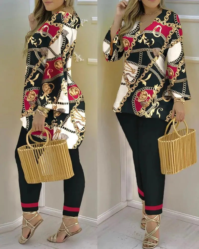 Women Printed V-Neck Long Sleeve Top and Pant Two Piece Set - Image 24