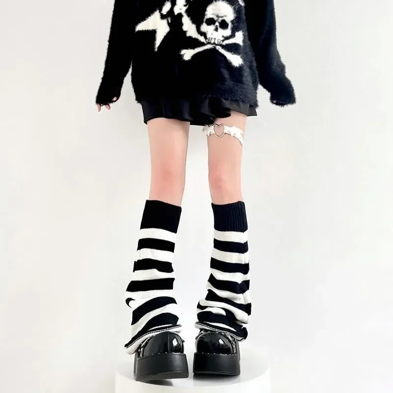 Y2K Punk Knitted Leg Warmers Black White Heart Star Argyle Style - Image 17