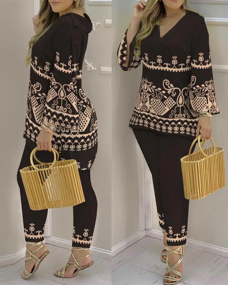 Women Printed V-Neck Long Sleeve Top and Pant Two Piece Set - Image 28