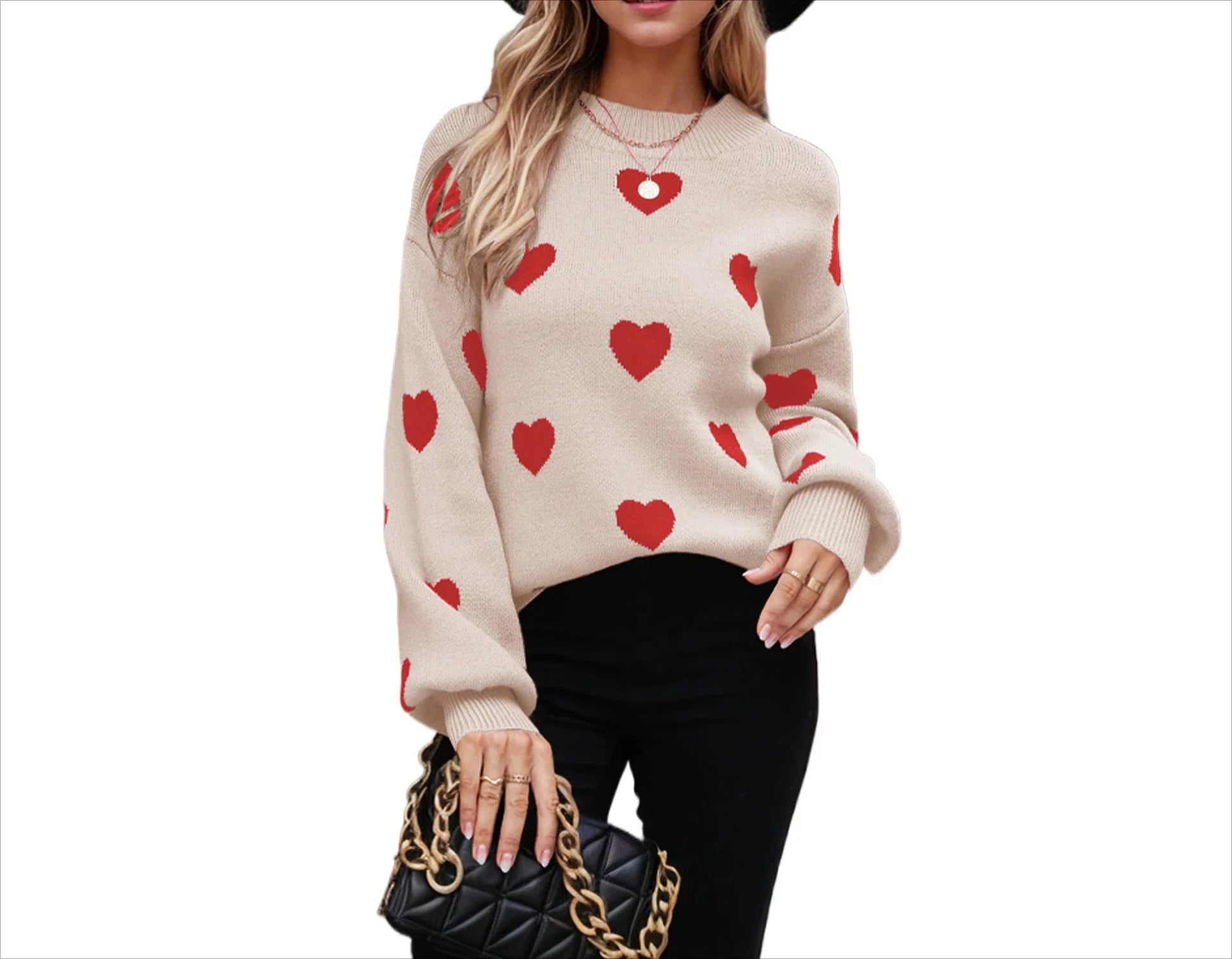 Women's Beige Red Heart Print Crew Neck Knit Pullover Sweater - Image 2