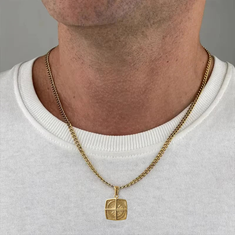 Nautical Compass Pendant Necklace - Waterproof Punk Retro Compass Pendant  | 18K Gold Plated Stainless Steel Jewelry Gift