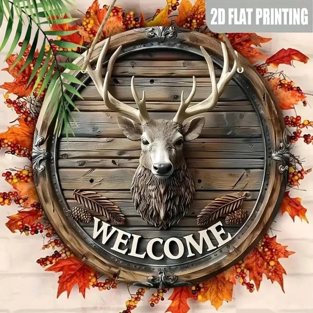 Country Style Deer Antler Welcome Sign - Rustic Metal Horizontal Wall Hanging Decor