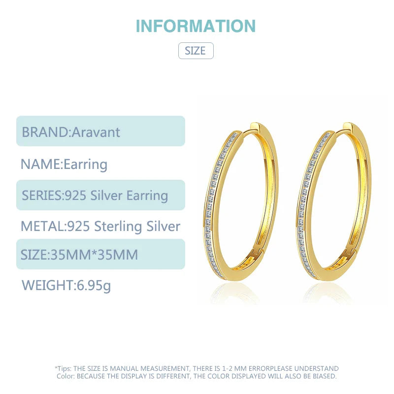 Aravant 925 Sterling Silver 35MM Zircon Hoop Earring For Women Fashion Jewelry Gift