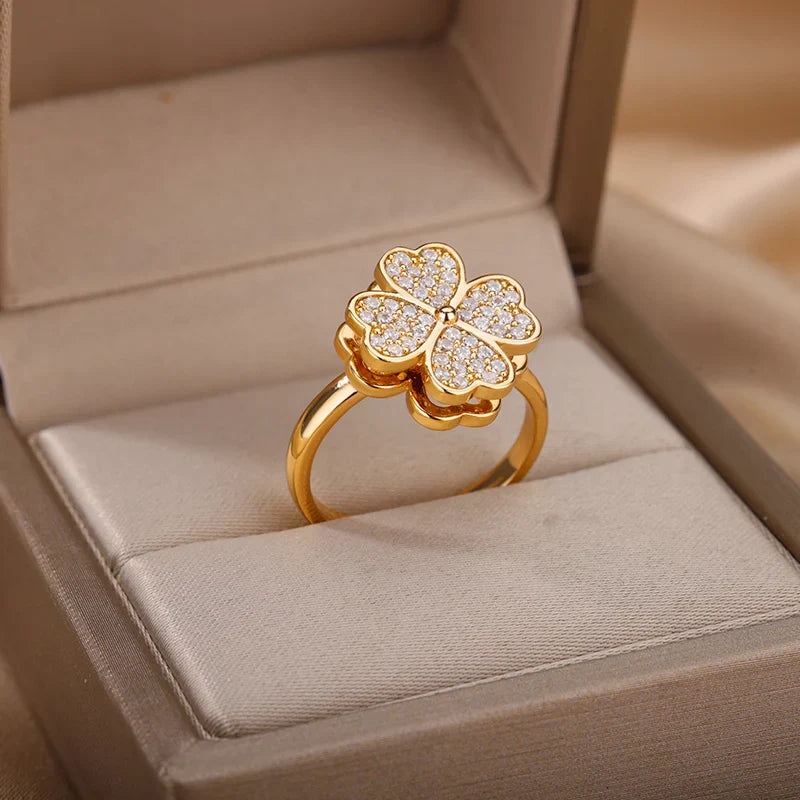 Zircon Rotatable Four Leaf Clover Anxiety Rings For Women Stainless Steel Anti-Stress Fidget Spinner Ring Aesthetic Jewelry Gift